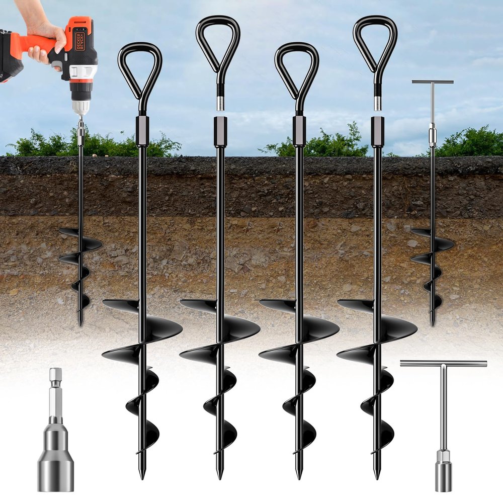 18" Long Ground Anchor, Heavy Duty Earth Anchors 18 inch Ground Anchors Screw in Kit with T-Handle Hex Wrench for Camping Tent, Swing Sets, Securing Animals, Sheds, Trampoline(4 Pcs) (Black)