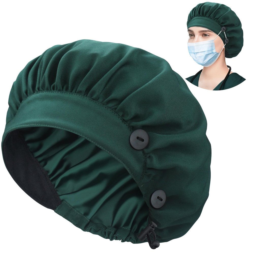 ABAMERICA Bouffant Caps with Button and Sweatband, Adjustable Scrub Caps for Women Men, Single Satin Layer