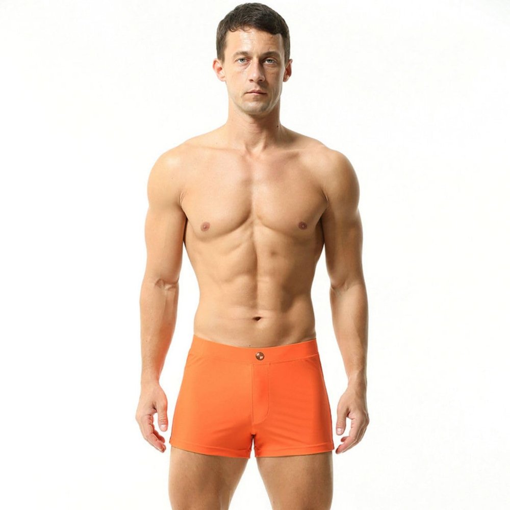 BreakEgg Mens Swim Trunks Low Waist Long Square Leg Swimwear for Men Perfect for Swimming and Hot Springs (Medium,230801-Orange)