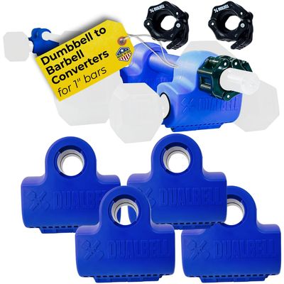 Blue DUALBELL Superset for 1 bar and black weight collars- Home gym dumbbell to barbell adapters - Connect Dumbbells to 1 standard diameter bar to replace weight plates- holds up to 100lb dumbbell
