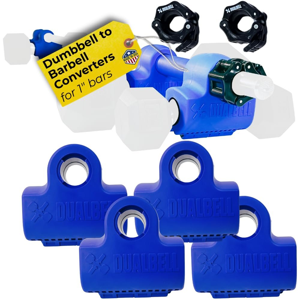 Blue DUALBELL Superset for 1 bar and black weight collars- Home gym dumbbell to barbell adapters - Connect Dumbbells to 1 standard diameter bar to replace weight plates- holds up to 100lb dumbbell