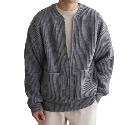 leasote Warm Knitted Sweater Outwear Front Zipper Cardigan Men's Collarless with Closure Pockets Autumn Winter Solid Grey 2XL