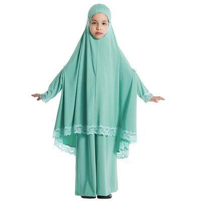 Abayas for Girls Abaya Dubai Turkey Kaftan Prayer Dress and Full Cover Lace Hijab Kids Muslim Long Sleeve Arabian Robe Ramadan Maxi Dresses Modest Islamic Casual Clothes Clothing Green 7-8 Years