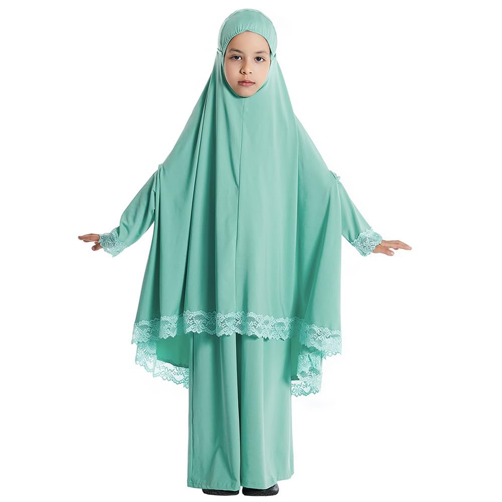 Abayas for Girls Abaya Dubai Turkey Kaftan Prayer Dress and Full Cover Lace Hijab Kids Muslim Long Sleeve Arabian Robe Ramadan Maxi Dresses Modest Islamic Casual Clothes Clothing Green 7-8 Years