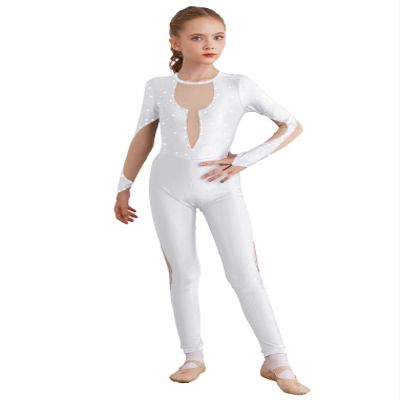 Freebily Kids Girls Rhinestone Long Sleeve Gymnastics Leotard Figure Ice Skating Jumpsuit Ballet Dance Unitard Catsuit White 10 Years