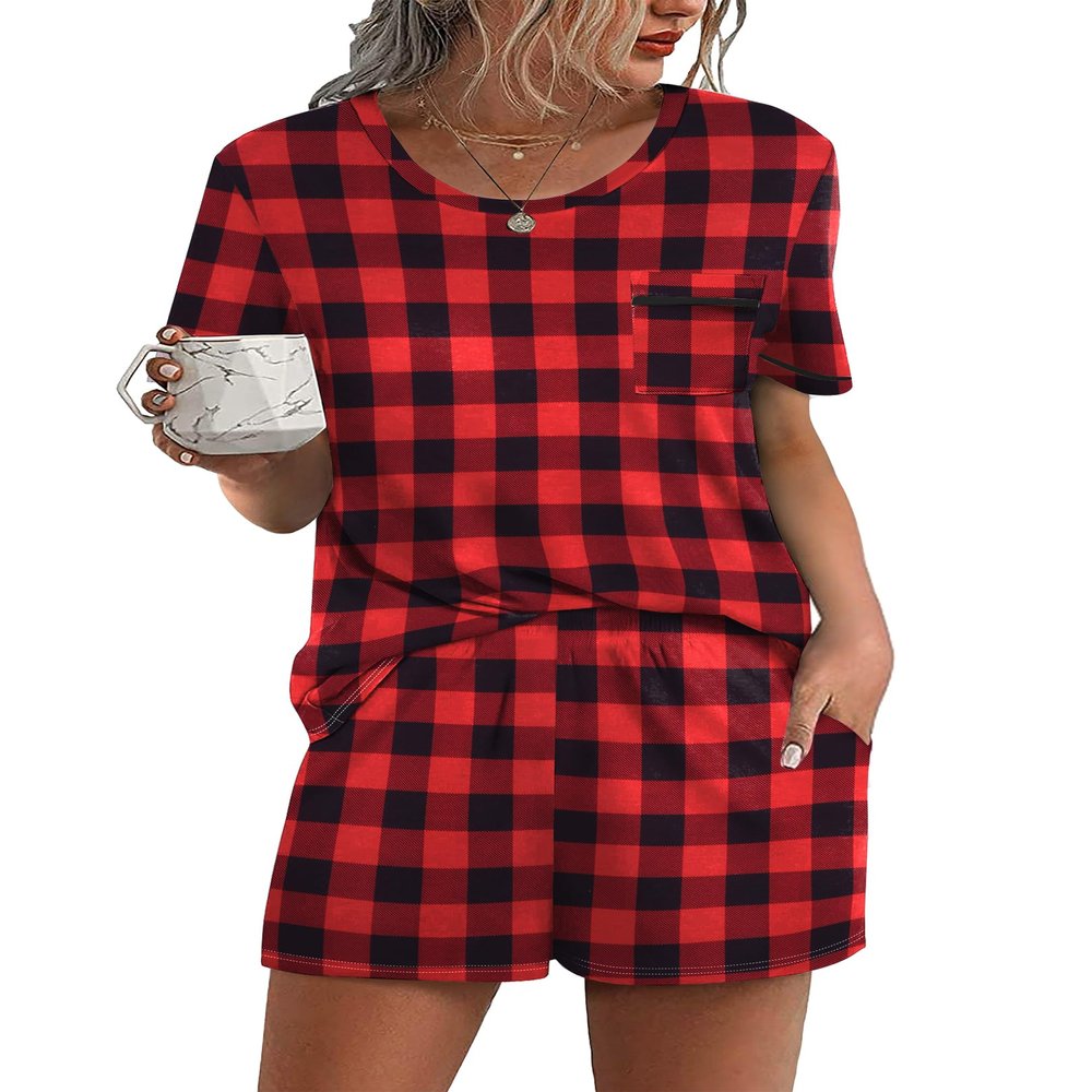 Ekouaer Womens Pajamas Sets Shorts 2 Piece Short Sleeve Lounge Sets Round Neck Sleepwear Soft Pjs with Pockets Red Plaid