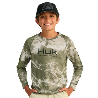 HUK Kids Pursuit Camo Crew Sleeve Shirt, Performance Shirt for Kids, Mossy Oak Stormwater Freshwater, Small