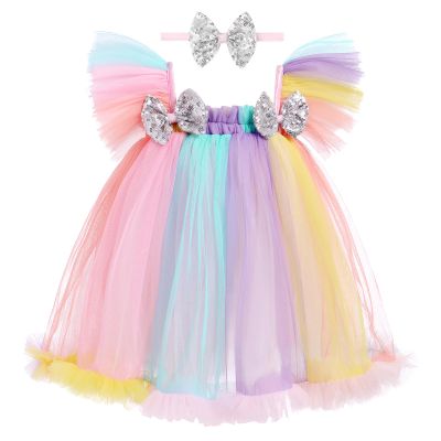 Rainbow Dress Toddler: Baby Girl Princess Tulle Tutu Dress Sequins Bowknot Flutter Sleeve Ruffle Pageant Formal Evening Party Birthday Photo Shoot Holiday Sundress Rainbow 3-4 Years
