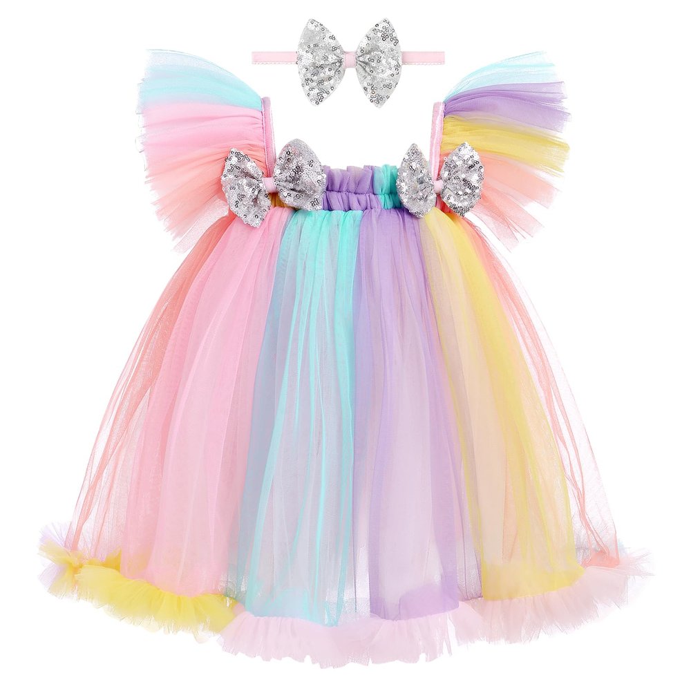 Rainbow Dress Toddler: Baby Girl Princess Tulle Tutu Dress Sequins Bowknot Flutter Sleeve Ruffle Pageant Formal Evening Party Birthday Photo Shoot Holiday Sundress Rainbow 3-4 Years