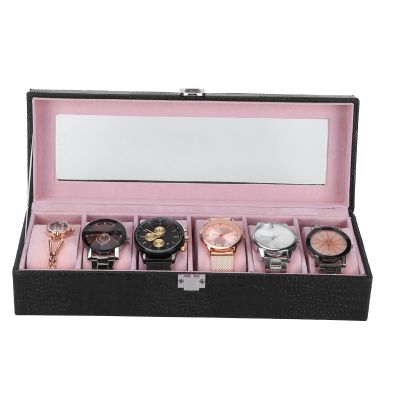 BFYDOAA 6 Slots Watch Box Organizer for Men Women, PU Leather Watch Case with Lid, Small Rectangular Watch Storage Box with Removable Velvet Pillow