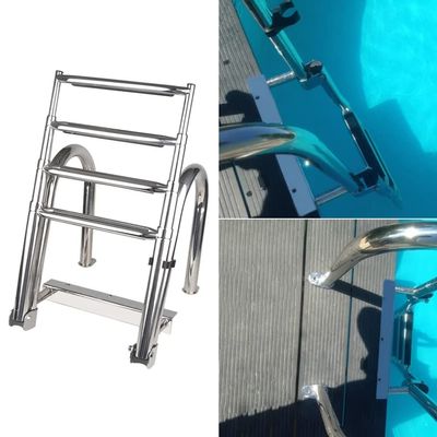 4 Step Inboard Boat Ladder Stainless Steel Marine Yacht Ladder/Swim Deck Ladder with Pedal Hand Railing Folding Rear Entry Pontoon Pool Boat Ladder