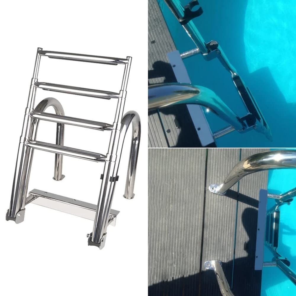 4 Step Inboard Boat Ladder Stainless Steel Marine Yacht Ladder/Swim Deck Ladder with Pedal Hand Railing Folding Rear Entry Pontoon Pool Boat Ladder