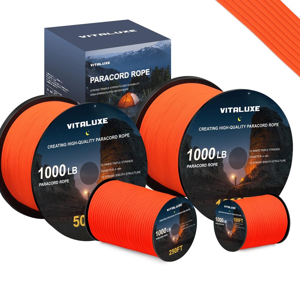 VITALUXE 1000lb Paracord Rope, 4mm 12 Triple Strands 250FT, Orange