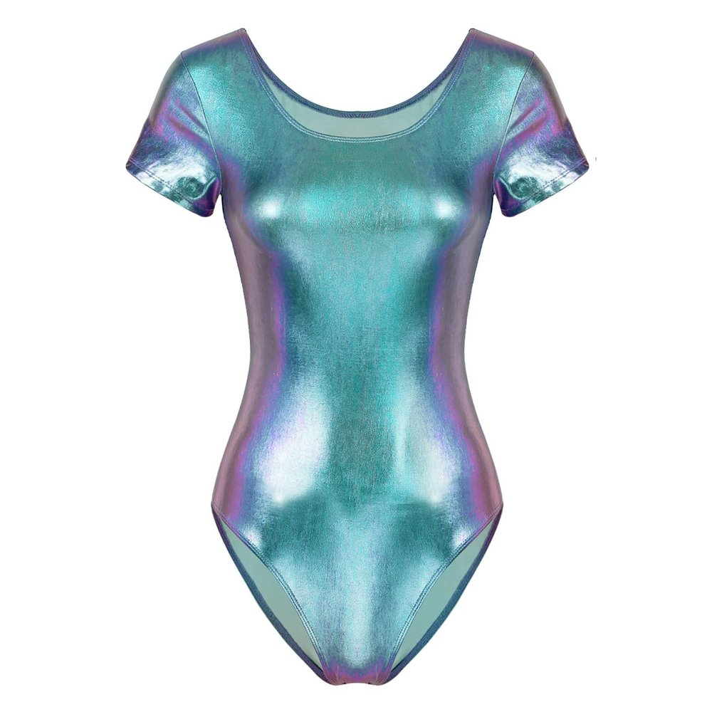 Miutii Womens Shiny Metallic Dance Leotard Short Sleeve Wet Look Gymnastics Unitards Bodysuit Blue 3X-Large