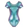 Miutii Womens Shiny Metallic Dance Leotard Short Sleeve Wet Look Gymnastics Unitards Bodysuit Blue 3X-Large view 1