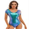 Miutii Womens Shiny Metallic Dance Leotard Short Sleeve Wet Look Gymnastics Unitards Bodysuit Blue 3X-Large view 3