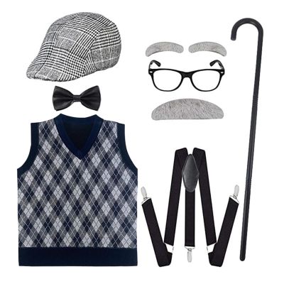 ATTBEA Old Man Costume for Kids 100 Days of School Costume for Unisex with Old Man Hat, Old Person Glasses, Costume Cane Grandpa Vest