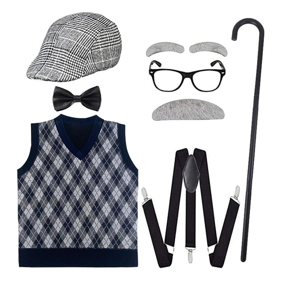 ATTBEA Old Man Costume for Kids 100 Days of School Costume for Unisex with Old Man Hat, Old Person Glasses, Costume Cane Grandpa Vest