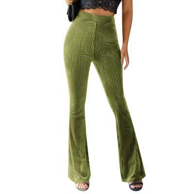 AFAVOM Women Velvet Pants High Waist Bell Bottom Trousers Winter Casual Ribbed Fall Pants Elegant Vintage Flare Leg Palazzo Warm Velour Pants Business Work Workout Trousers Leggings Green XL