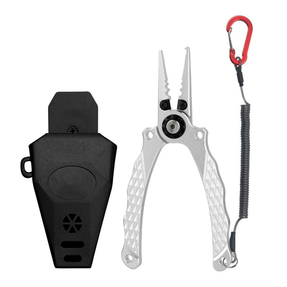 7-inch Fishing Pliers, Saltwater Resistant Aluminium Metal Multifunctional Fishing Tools, Comfortable and Slip Resistant Handle, Braided Line Cutter, Hook Remover, Crimper and Sheath - Silver