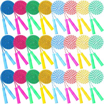 Aoriher 24 pcs 7.87 ft Cotton Colorful Jump Rope for Kid Toddler Bulk Adjustable Length Stripe Skipping Rope with Plastic Handle for Christian Charity Party Supplies Exercise Fitness Equipment