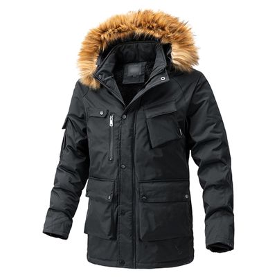 Men's Fleece-Lined Cargo Parka Jacket Multi-Pockets Anorak Winter Coat with Fur Hood Windproof Warm Padded Jacket (Black,X-Large)