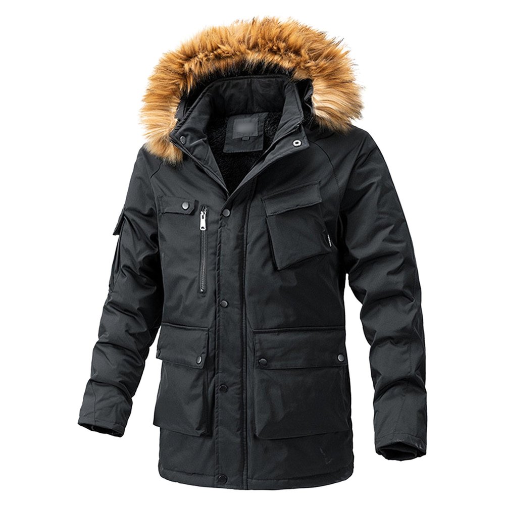 Men's Fleece-Lined Cargo Parka Jacket Multi-Pockets Anorak Winter Coat with Fur Hood Windproof Warm Padded Jacket (Black,X-Large)