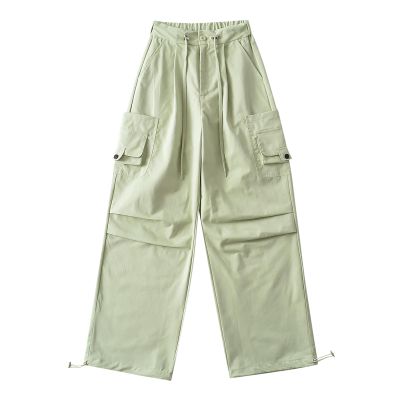 NATHGAM Womens Cargo Pants Baggy High Waist Wide Leg Parachute Pants Drawstring Elastic Sweatpants Solid Joggers with Pockets Green
