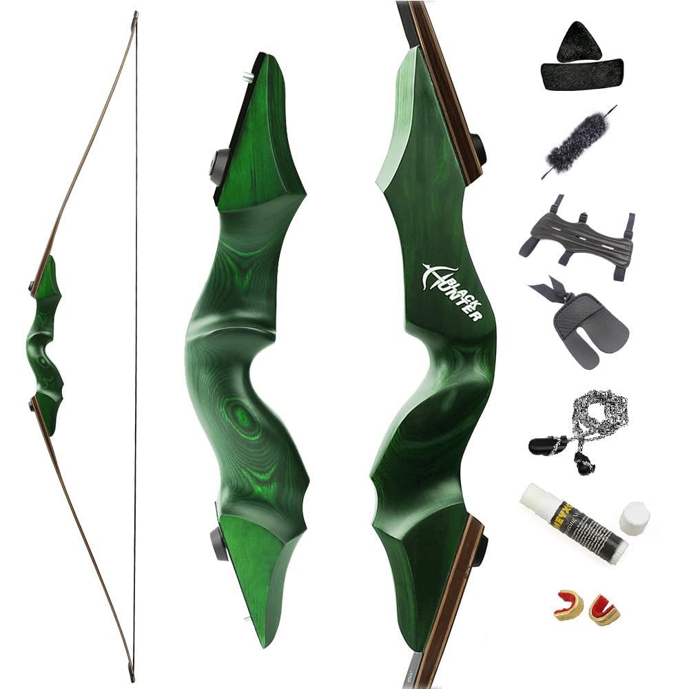 60 Inch Black Hunter Takedown Longbow 20-60lbs Traditional Wood Longbow with Bamboo Core Limbs Right/Left Handed American Hunting Longbow for Outdoor Hunting Shooting (20 Lbs, Green Bow/Left Handed)