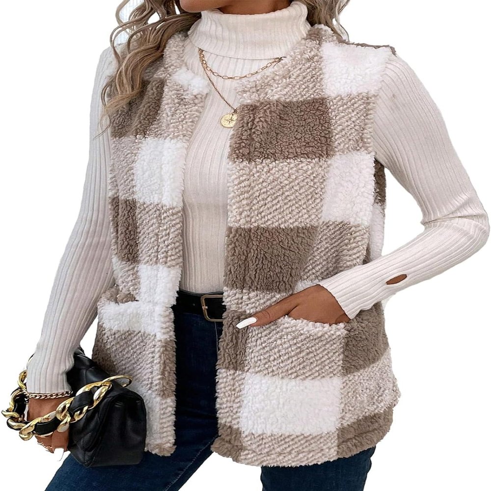 LAPHAL Womens Sherpa Vest Casual Warm Plaid Print Open Front Vest Coat Sleeveless Fleece Jacket Pockets,Teddy Coat(3 Colors) (Light Brown,X-Large)