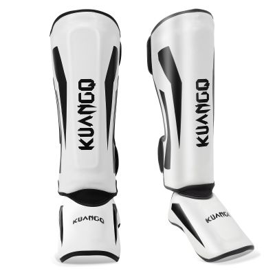 KUANG QUAN Muay Thai Shin Guards, Muay Thai Martial Arts Kicking Leg Instep Protection Pads Sparring Gear,for Kickboxing MMA Training and Sparring,Professional MMA Equipment (Black-White, Medium)
