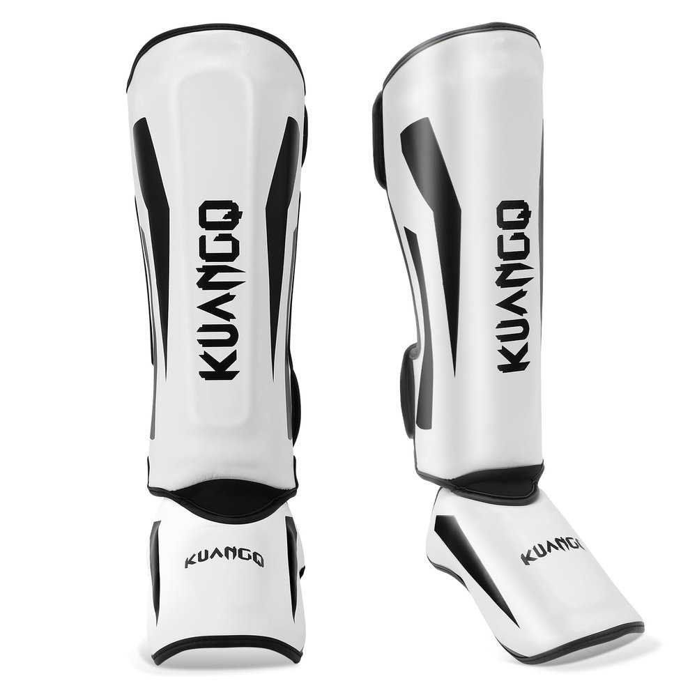 KUANG QUAN Muay Thai Shin Guards, Muay Thai Martial Arts Kicking Leg Instep Protection Pads Sparring Gear,for Kickboxing MMA Training and Sparring,Professional MMA Equipment (Black-White, Medium)
