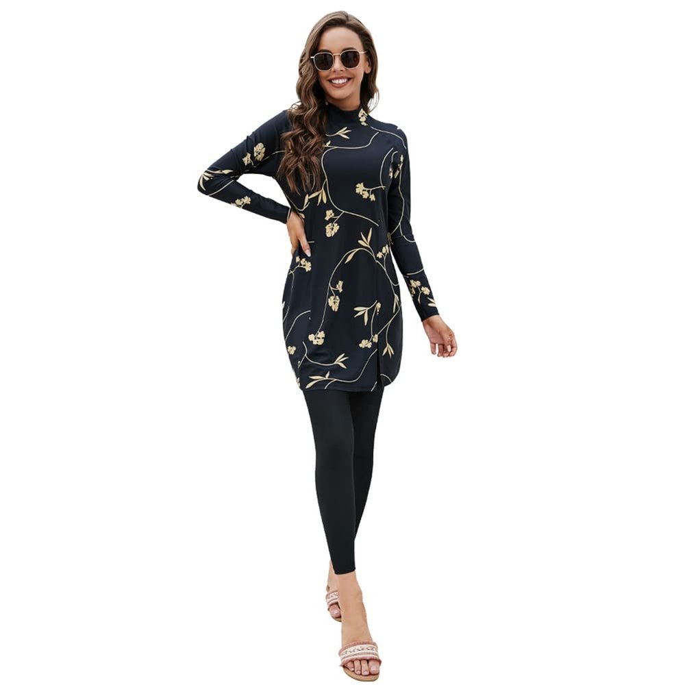 ABEWIP Muslim Swimsuits for Women Burkini Bathing Suits Full Body Modest Swimwear Islamic Swimming Suit Black with Floral Style 2 XL