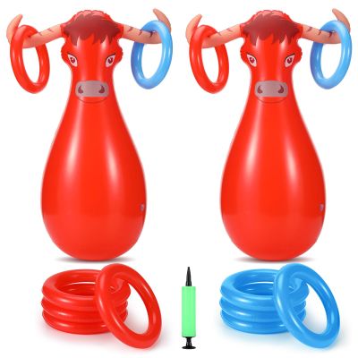 Arrowbash 2 Pcs Bull Inflatable Ring Toss Set Include 2 Inflatable Base 12 Rings for Western Cowboy Fiesta Rodeo Beach Pool Birthday Party Supplies