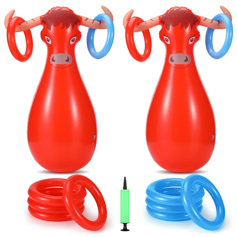 Arrowbash 2 Pcs Bull Inflatable Ring Toss Set Include 2 Inflatable Base 12 Rings for Western Cowboy Fiesta Rodeo Beach Pool Birthday Party Supplies