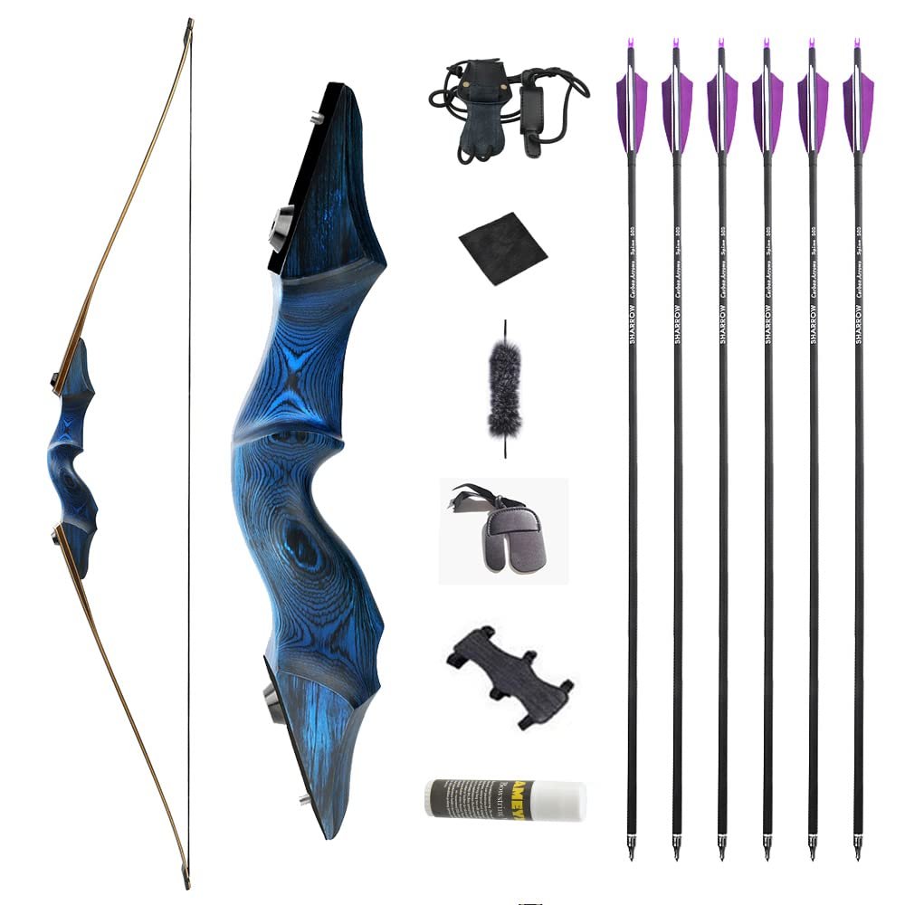 60 Inch Black Hunter Takedown Longbow 20-60lbs Traditional Wood Longbow with Bamboo Core Limbs Right/Left Handed American Hunting Longbow for Outdoor Hunting Shooting (55 Lbs, Blue kit/Left Handed)