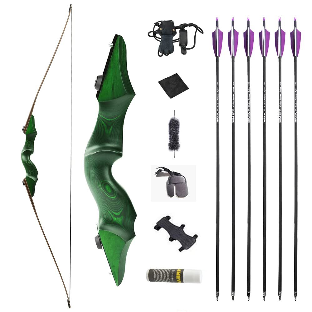 60 Inch Black Hunter Takedown Longbow 20-60lbs Traditional Wood Longbow with Bamboo Core Limbs Right/Left Handed American Hunting Longbow for Outdoor Hunting Shooting (45 Lbs, Green kit/Left Handed)