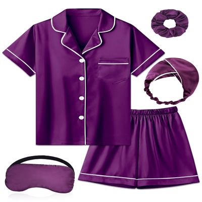 ALHAVONE Kids Girl Pajama Set with Headband Blindfold Hair Tie Toddler Boy Girl Satin Silky Button-up Pajama Sleepwear (Purple-short, 160)
