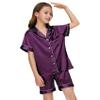 ALHAVONE Kids Girl Pajama Set with Headband Blindfold Hair Tie Toddler Boy Girl Satin Silky Button-up Pajama Sleepwear (Purple-short, 160) view 4