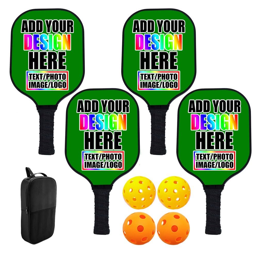 ZOLRITH Custom Pickleballs Paddles Rackets Set with Photo Design Your Own Personalized with Logo Text Pictures Indoor Outdoor Pickle Ball Paddles, 4 Paddles with 1 Storage Bag and 4 Balls, Green