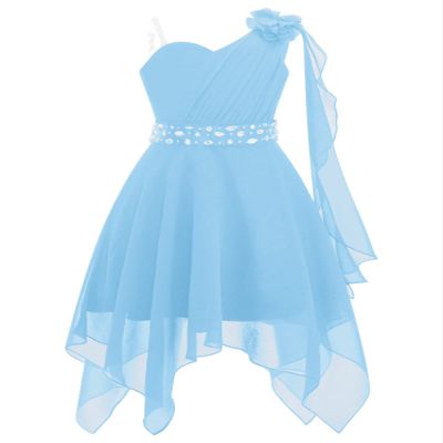 Rswnyirn Kids Flower Girls One Shoulder Party Dress Wedding Bridesmaid Pageant Party Asymmetrical Hem Gowns Light Blue 10 Years