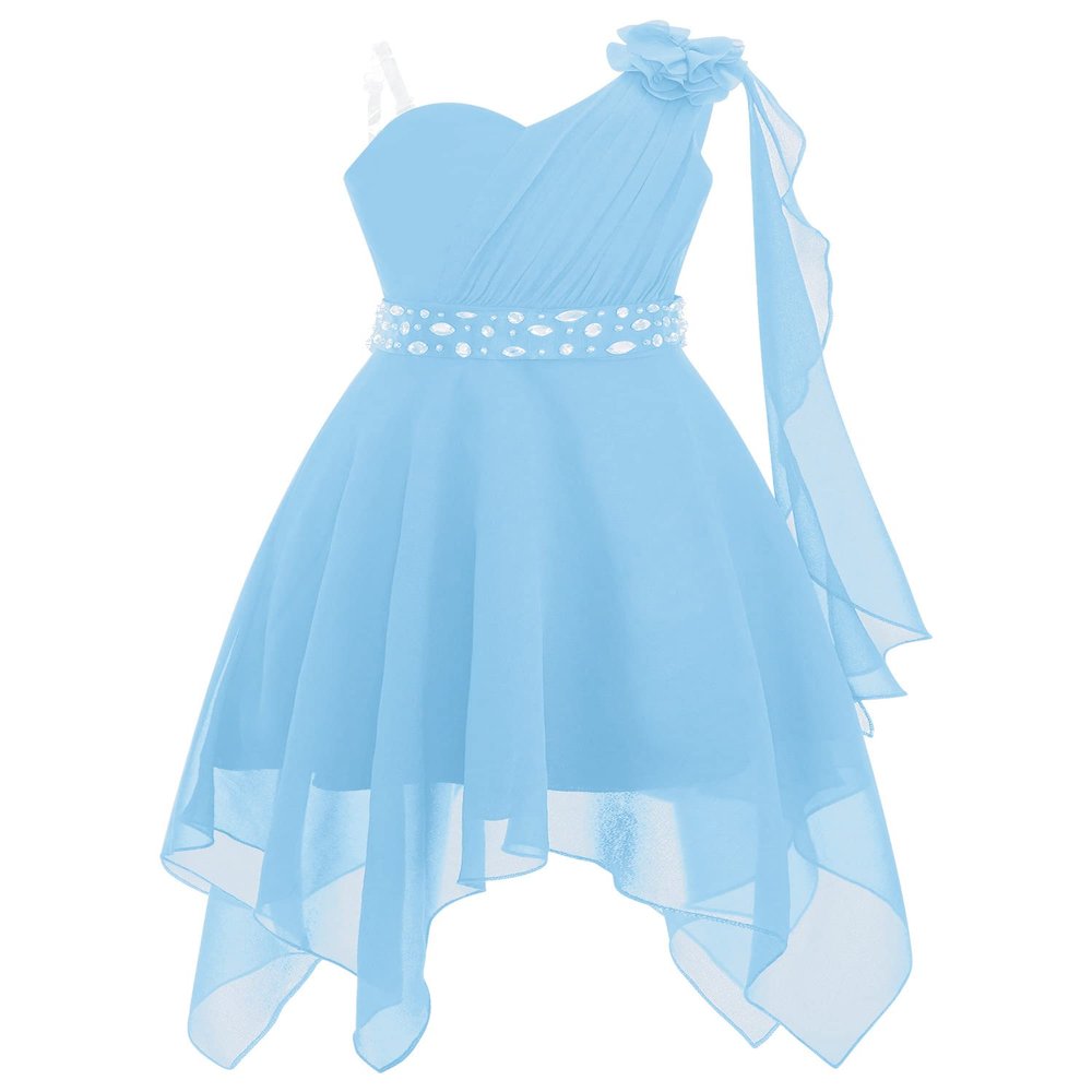 Rswnyirn Kids Flower Girls One Shoulder Party Dress Wedding Bridesmaid Pageant Party Asymmetrical Hem Gowns Light Blue 10 Years