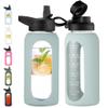 CIVAGO 32 oz Glass Water Bottle with Straw and Handle, Large Sports Motivational Water Bottle Flask with Time Marker and 2 Lids, Leakproof Water Jug Canteen with Silicone Sleeve for Gym, Sage view 1