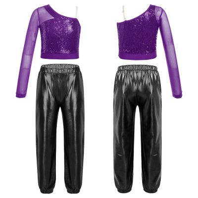 Agoky Kids Girls Sequins Hip Hop Jazz Dance Outfits Gymnastics Shirt Crop Top with Chain Cargo Pants Set Fitness Tracksuit Purple&Black C 14 Years