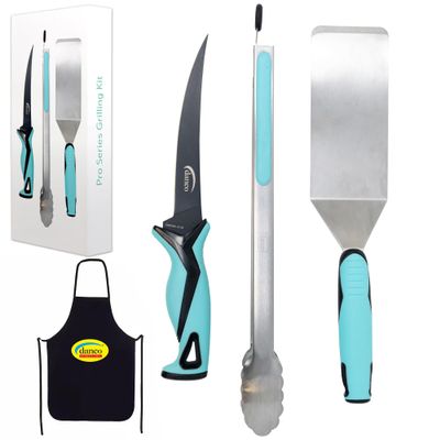 Pro Series 4 Piece Grilling Kit | German G4116 Stainless Steel 7" Flex Fishing Fillet Knife, Stainless-Steel Tongs and Spatula, danco Apron, Fish Cleaning, BBQ Kit, Grilling Combo
