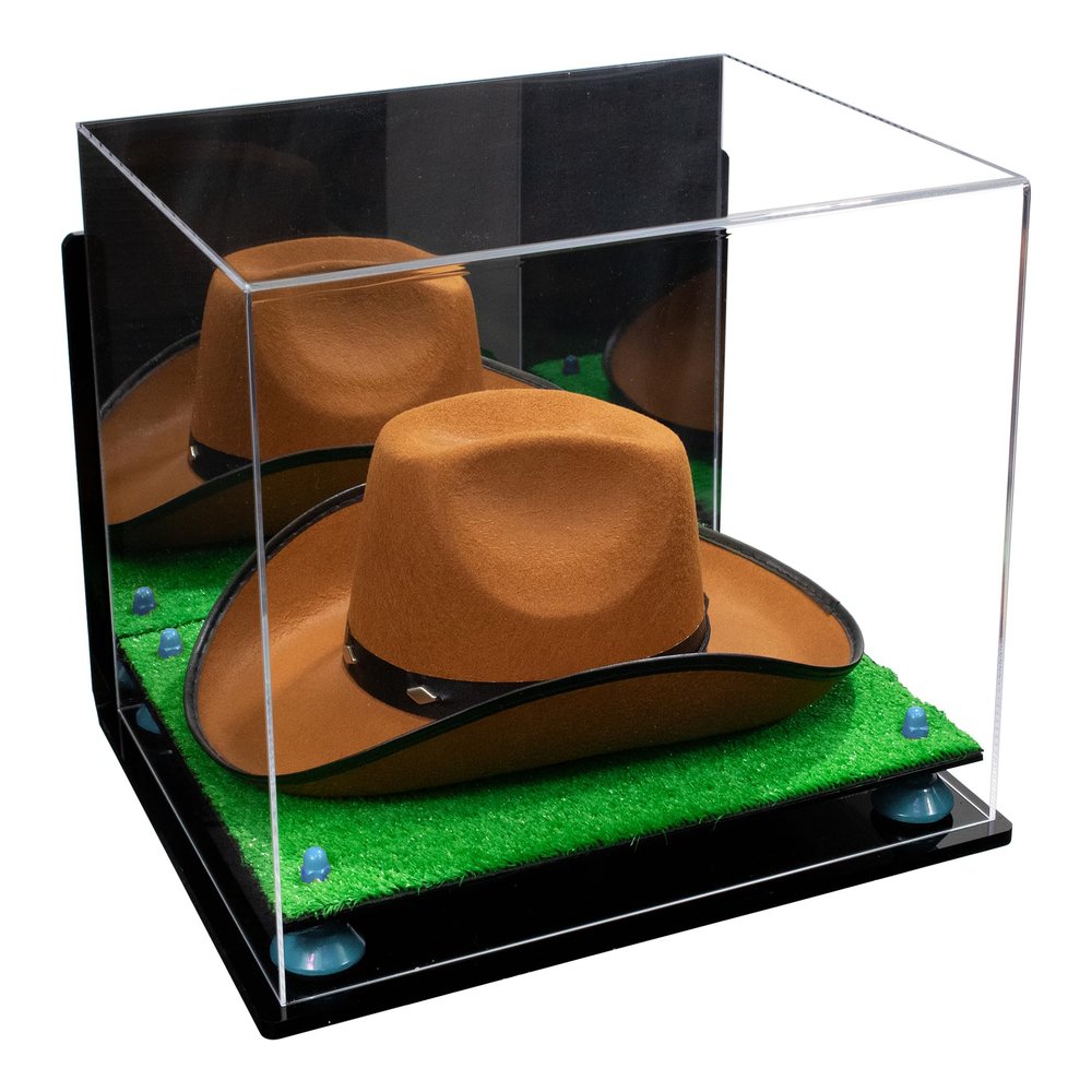 Better Display Cases Acrylic Cowboy Hat Display Case with Mirror Case, Light Blue Risers and Turf Base and Wallmount - 16" x 13" x 12" (A024-B/V61B)