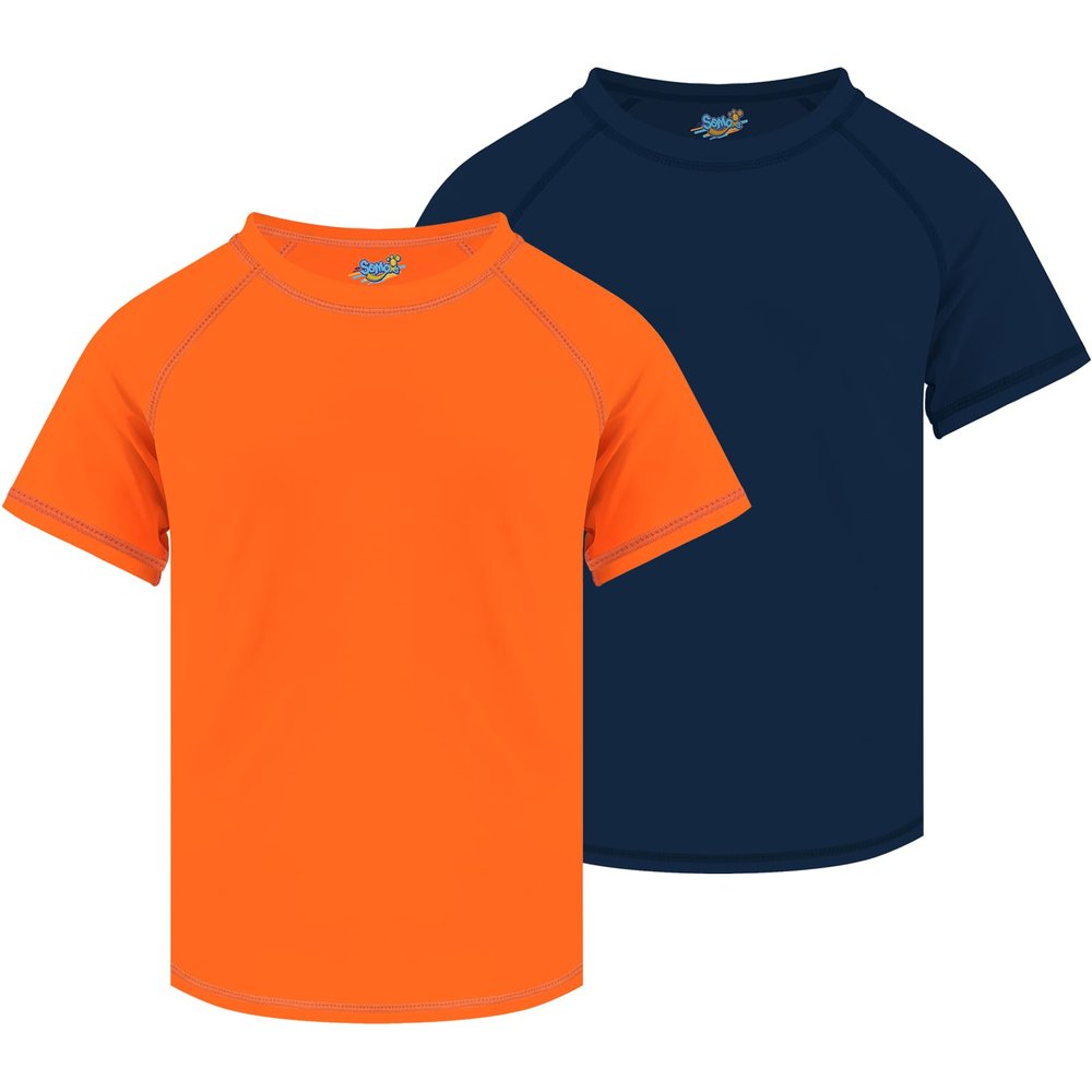 Boys Rash Guard Short Sleeve, Navy Blue and Orange UPF 50+ Sun Protection Rashguard Slim Fit Swim Shirt Fishing Surf Quick Dry Cool Beach Clothes for Toddler Youth Kids Size 2T