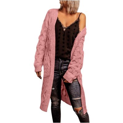 SACFOF Womens Long Cardigan Cable Knit Open Front Long Sleeve Sweater Coats Knitwear Outerwear with Pockets