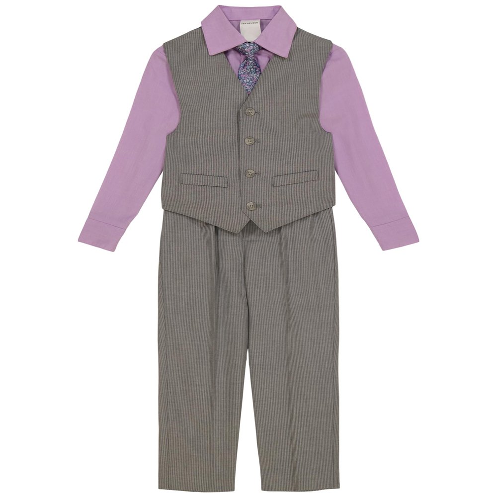 Van Heusen Boys' 4-Piece Formal Dress Up Suit Vest Set, Vest, Pants, Collared Dress Shirt, and Tie, Silverware Stripe, 4