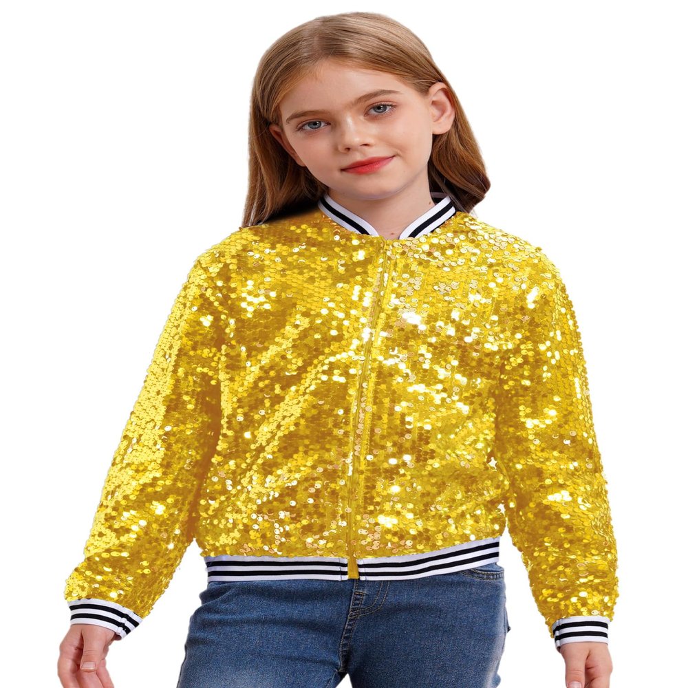 Lorilida Girls Shiny Sequin Bomber Jacket Long Sleeve Lightweight Sparkle Jackets Coat Club Party Tops Gold 16 Years